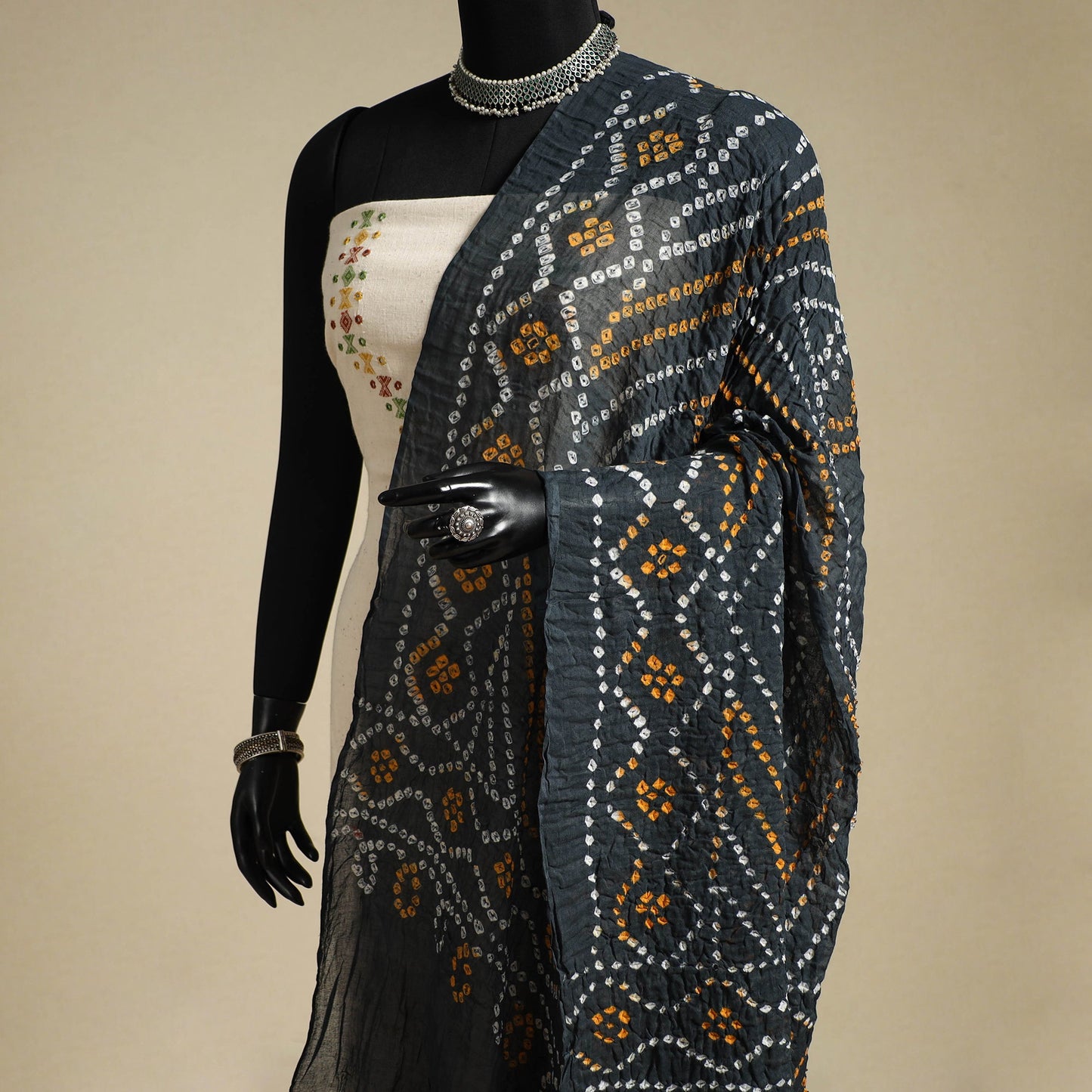 Grey - kutch tie-dye mul cotton bandhani dupatta 03