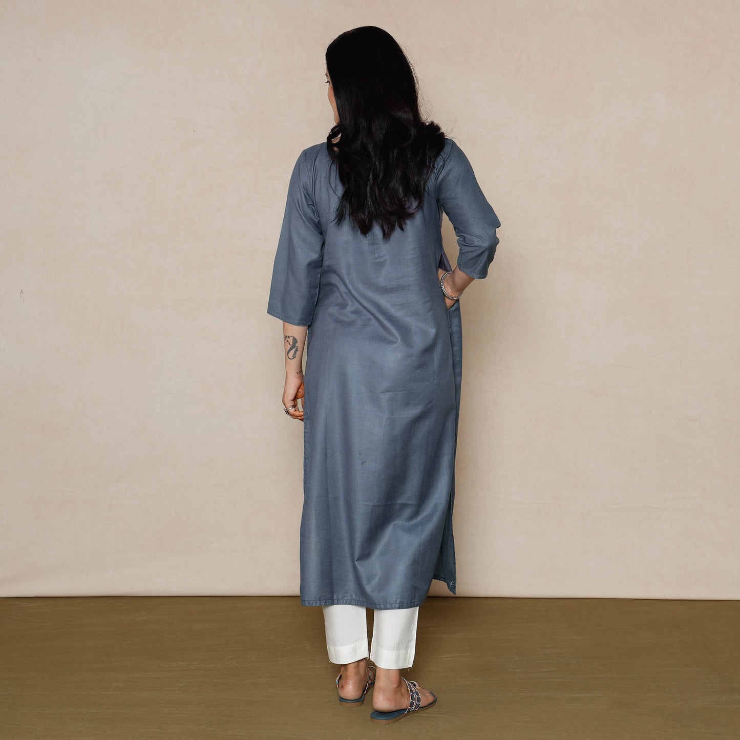 Grey Linen Viscose Plain Long Kurta Online