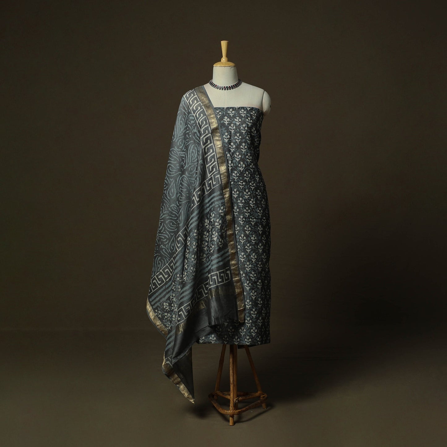 Maheshwari silk hand block bagru print 3pc unstitched dress