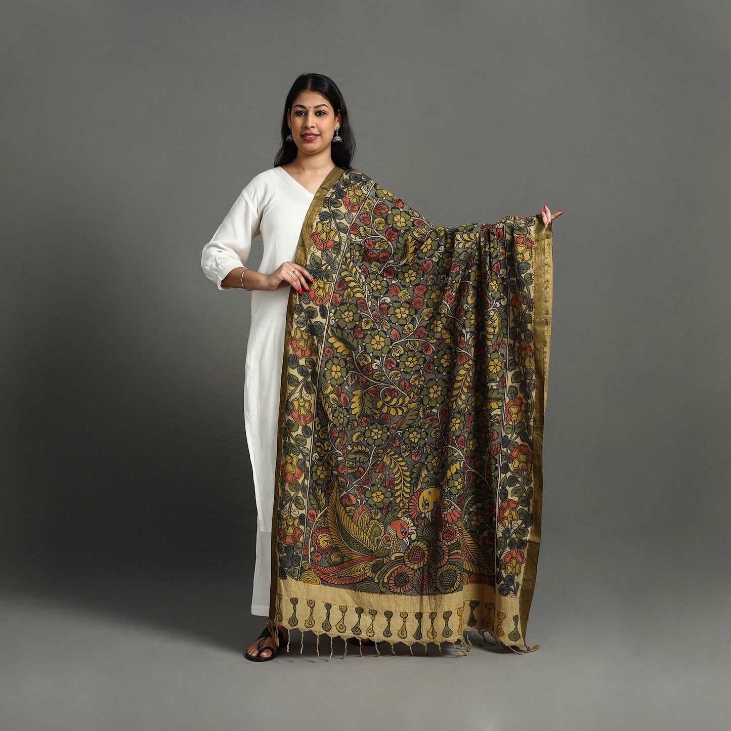 Grey - mangalagiri cotton handpainted pen work kalamkari
