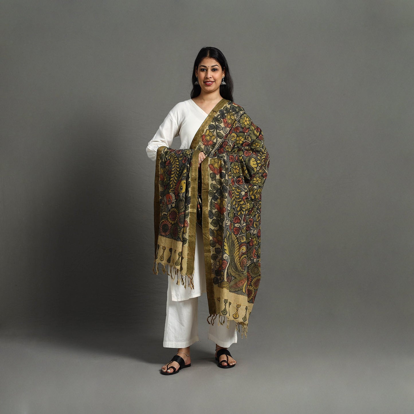 Grey - mangalagiri cotton handpainted pen work kalamkari