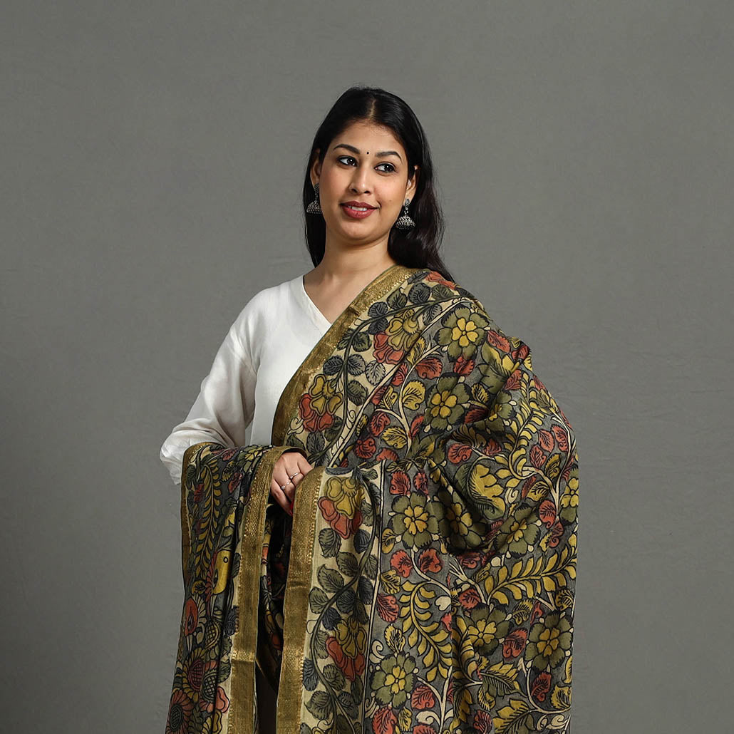Grey - mangalagiri cotton handpainted pen work kalamkari
