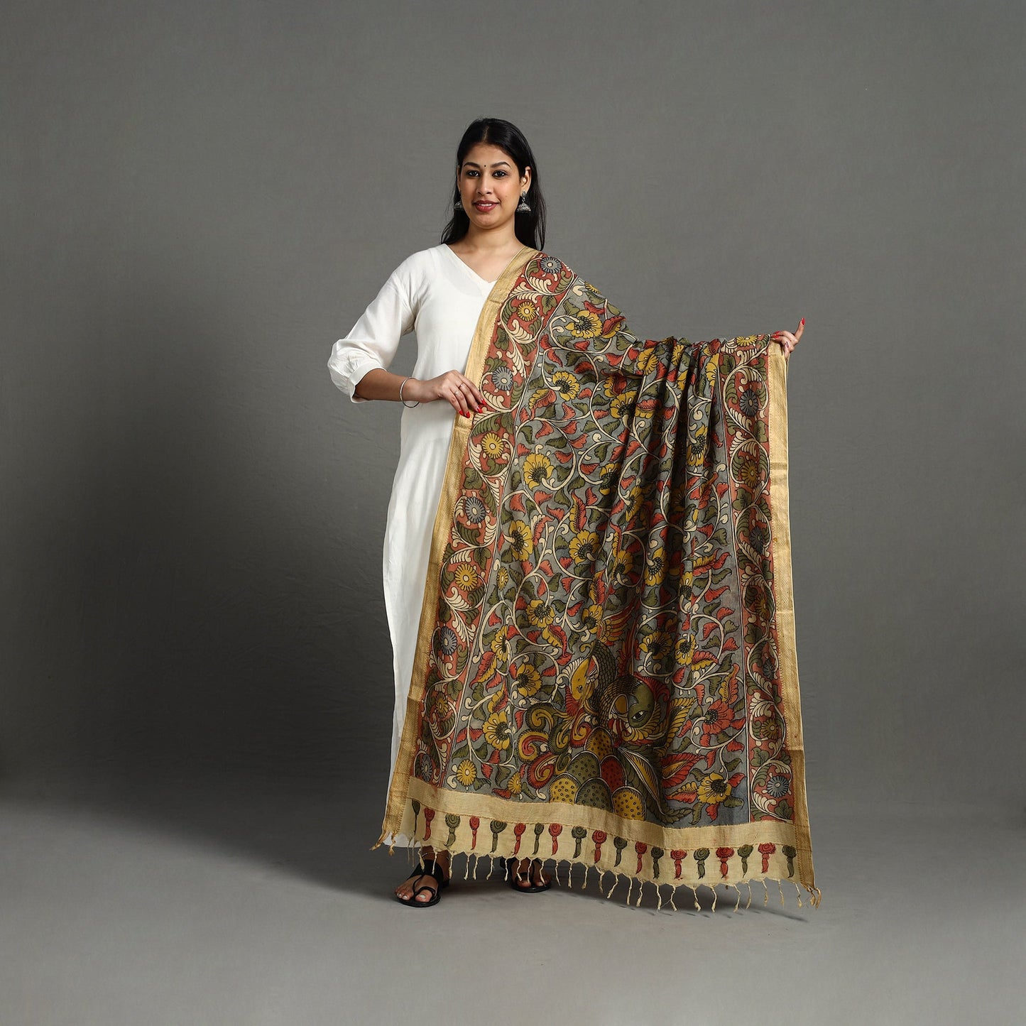 Grey - mangalagiri cotton handpainted pen work kalamkari