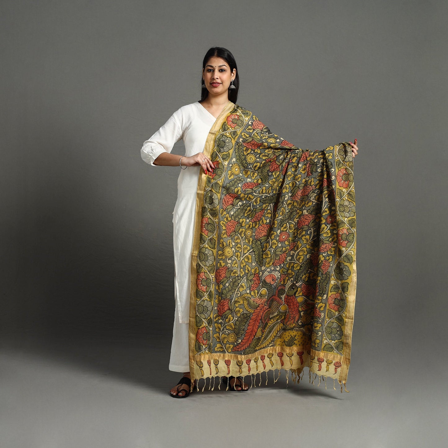 Grey - mangalagiri cotton handpainted pen work kalamkari