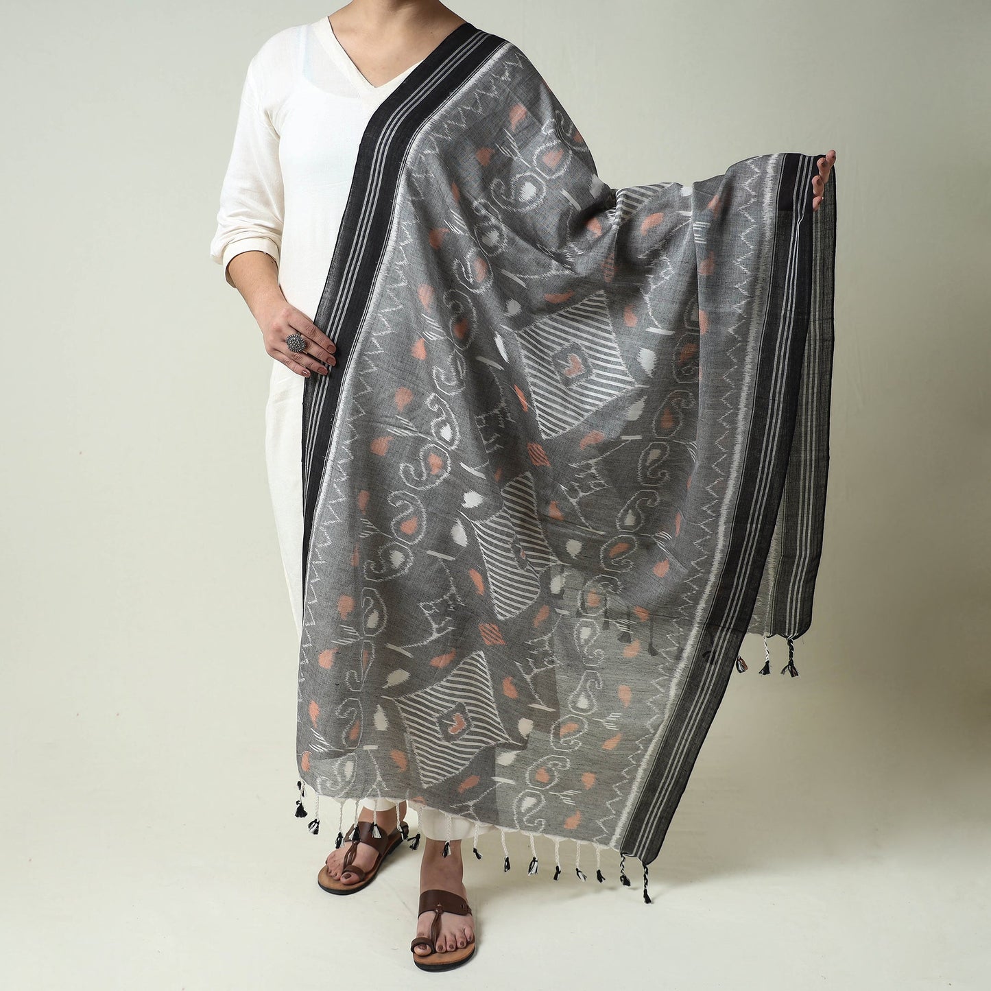Maniabandha Ikat Weave Handloom Cotton Dupatta with Tassels