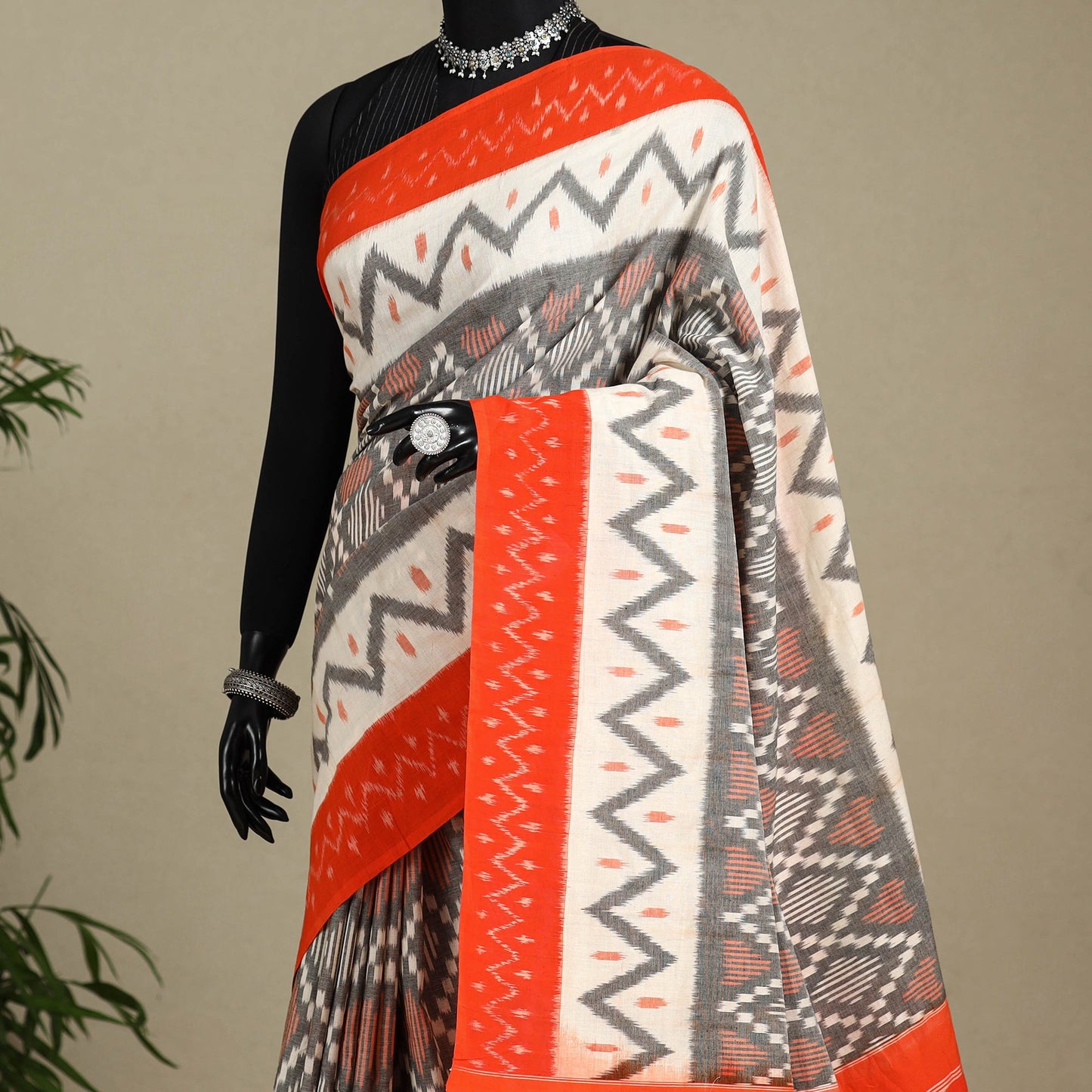 Grey - mercerised cotton handloom pochampally ikat saree 33