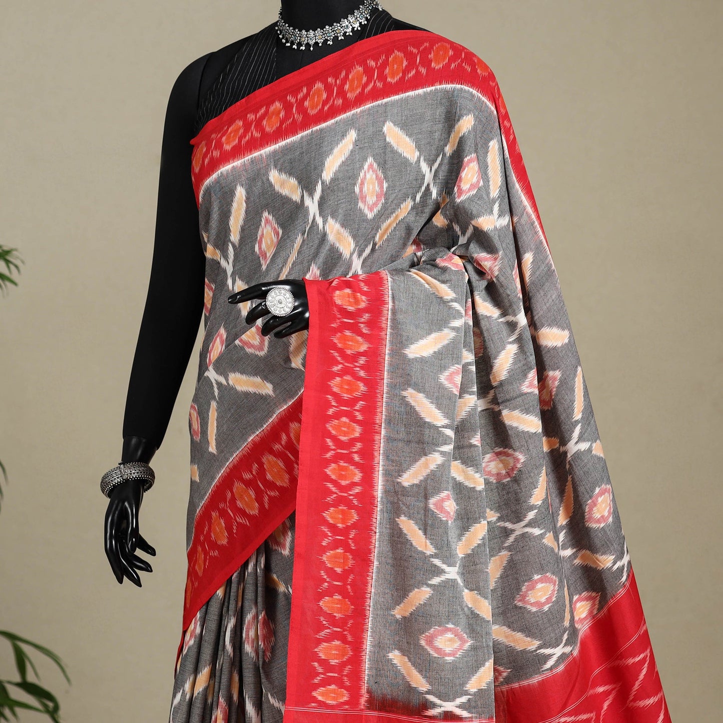 Grey - mercerised cotton handloom pochampally ikat saree 54