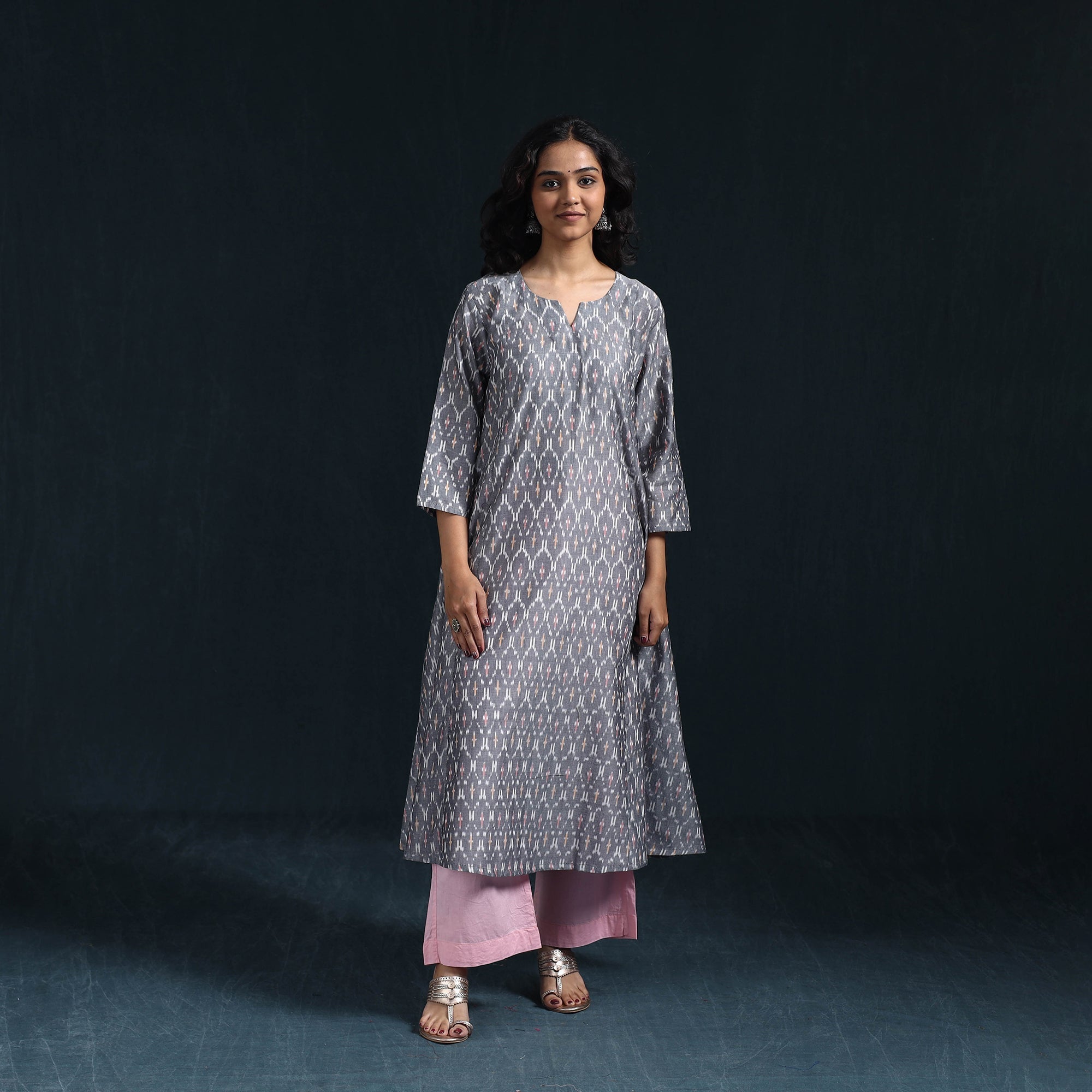 Grey - Mercerised Cotton A-Line Pochampally Ikat Long Kurta for women 05