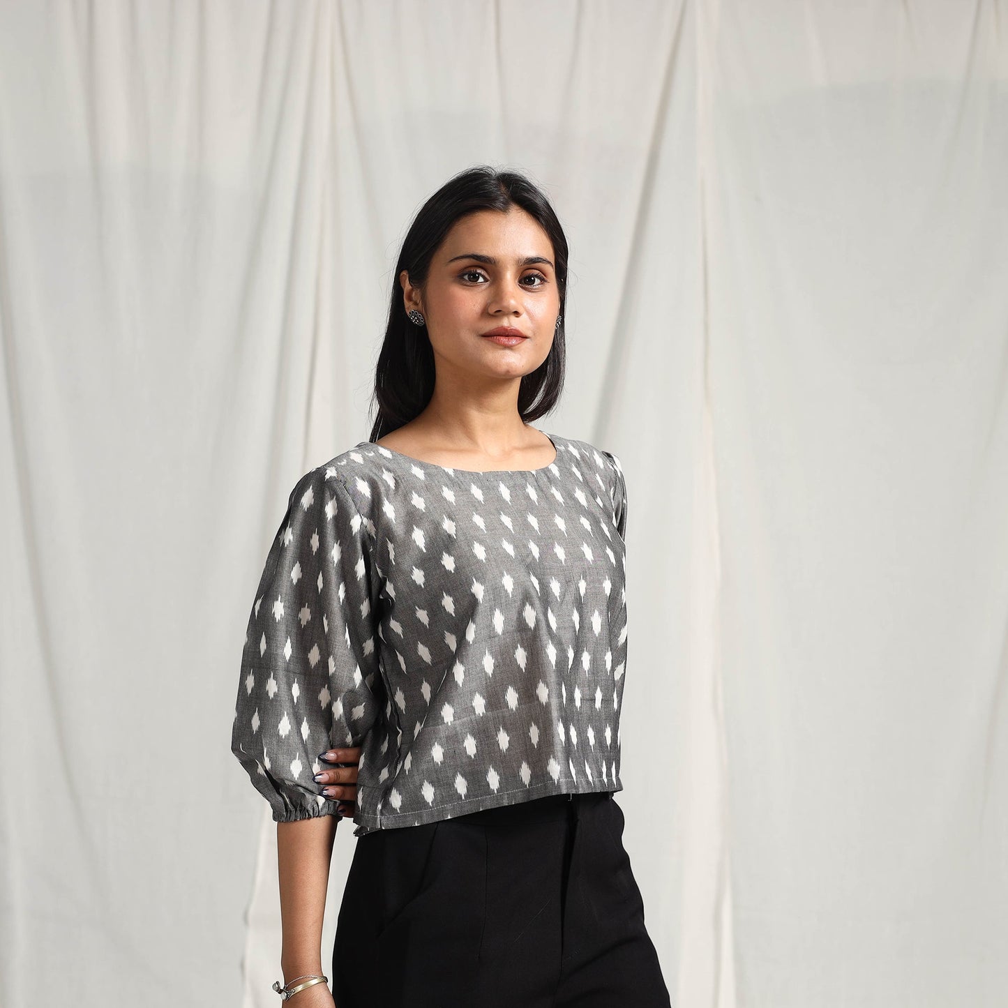 Grey Mercerised Cotton Pochampally Ikat Crop Top