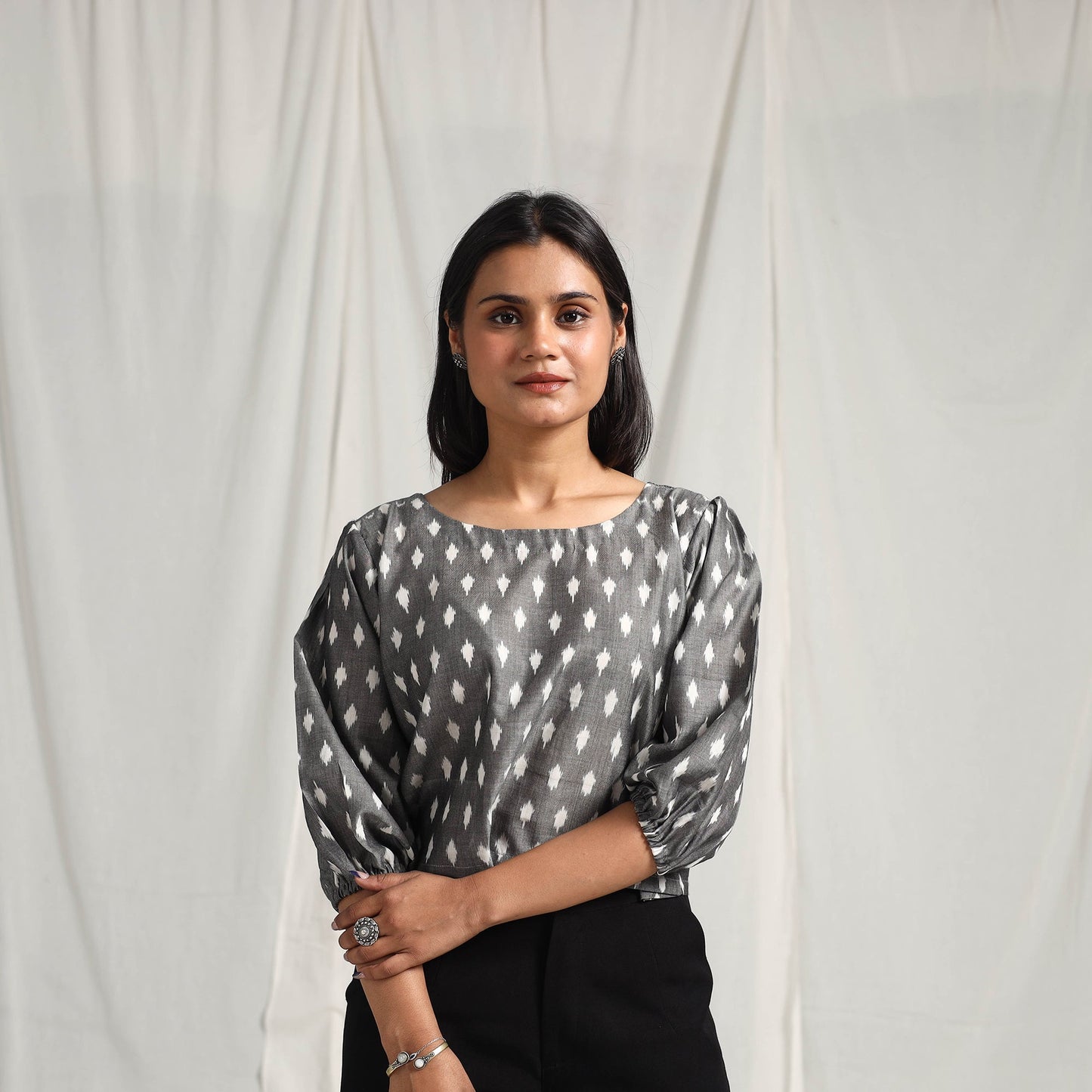 Grey Mercerised Cotton Pochampally Ikat Crop Top