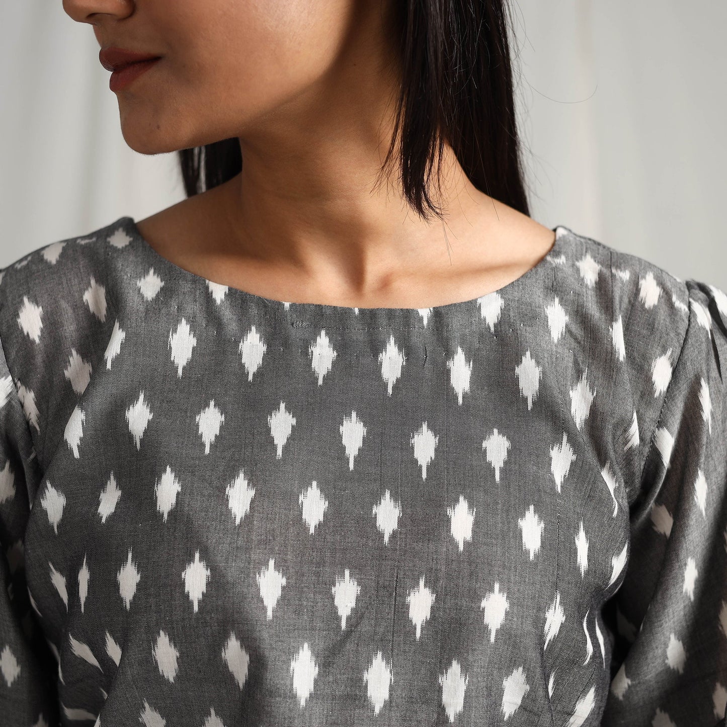 Grey Mercerised Cotton Pochampally Ikat Crop Top