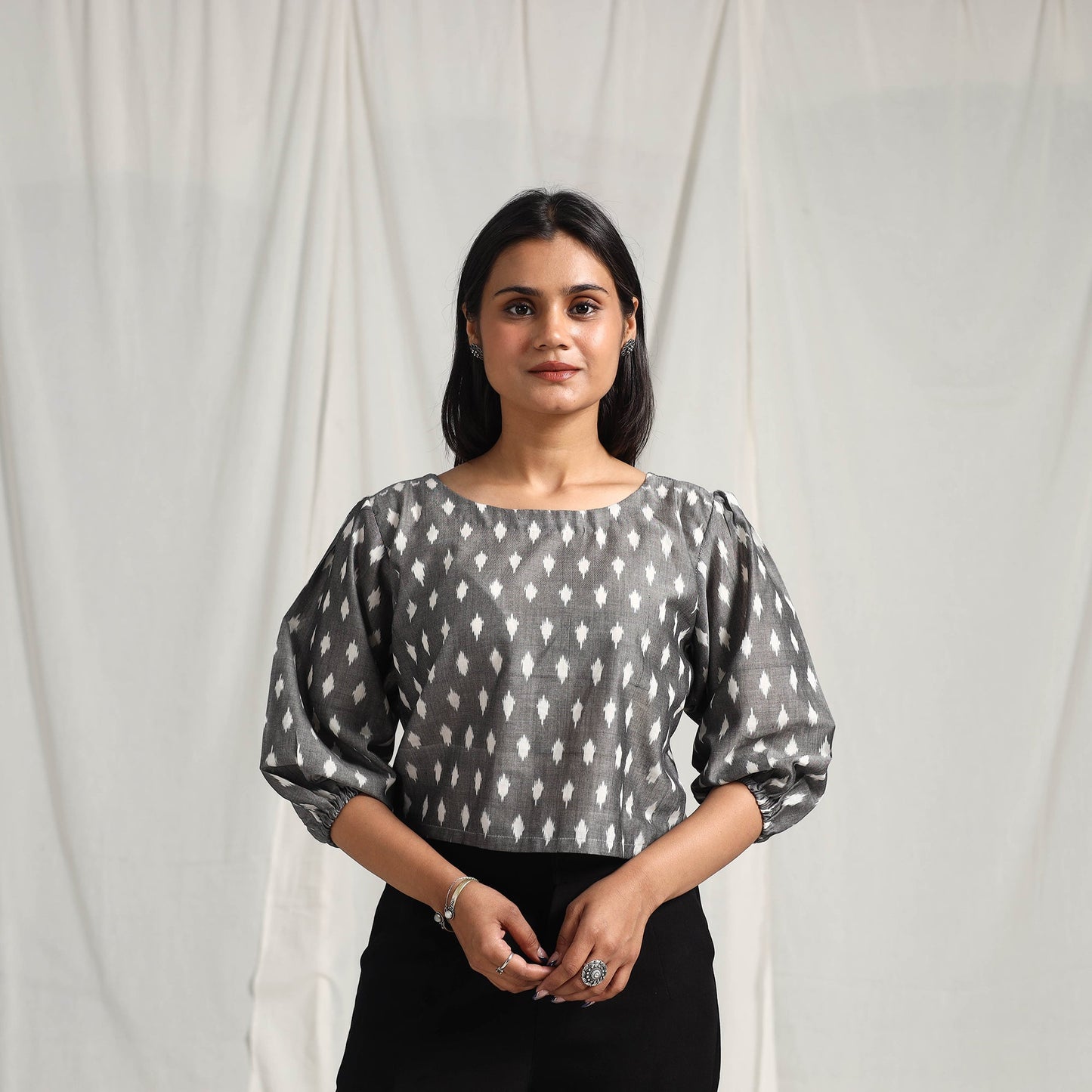 Grey Mercerised Cotton Pochampally Ikat Crop Top