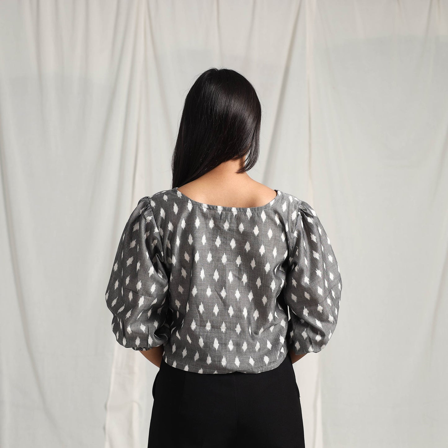 Grey Mercerised Cotton Pochampally Ikat Crop Top