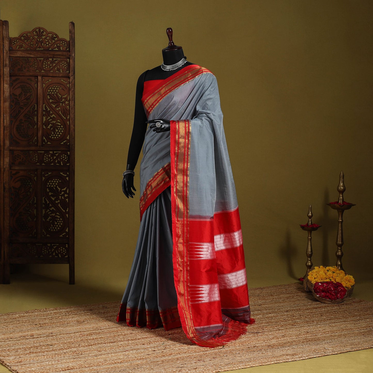 Grey - mercerized cotton ilkal saree with border 06