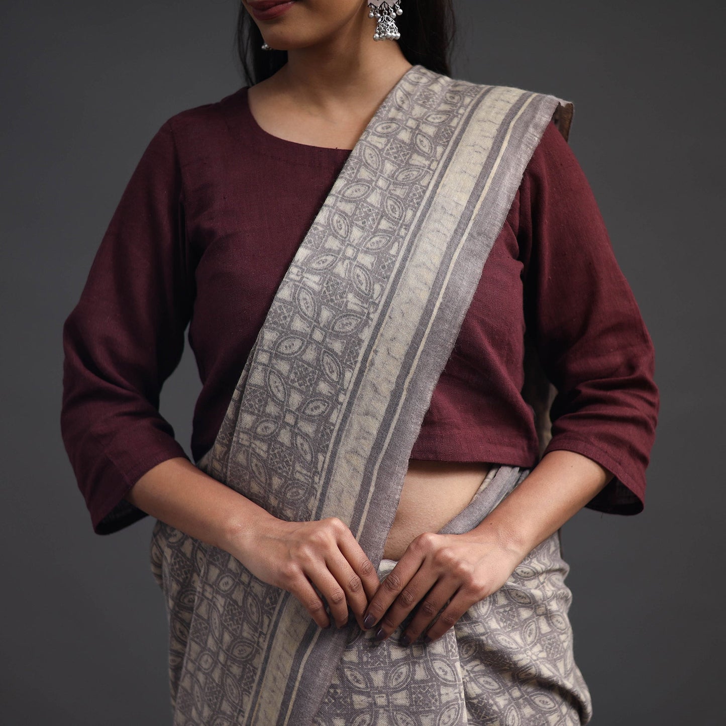 Grey - merino wool saree with tassels 02 - handcrafted