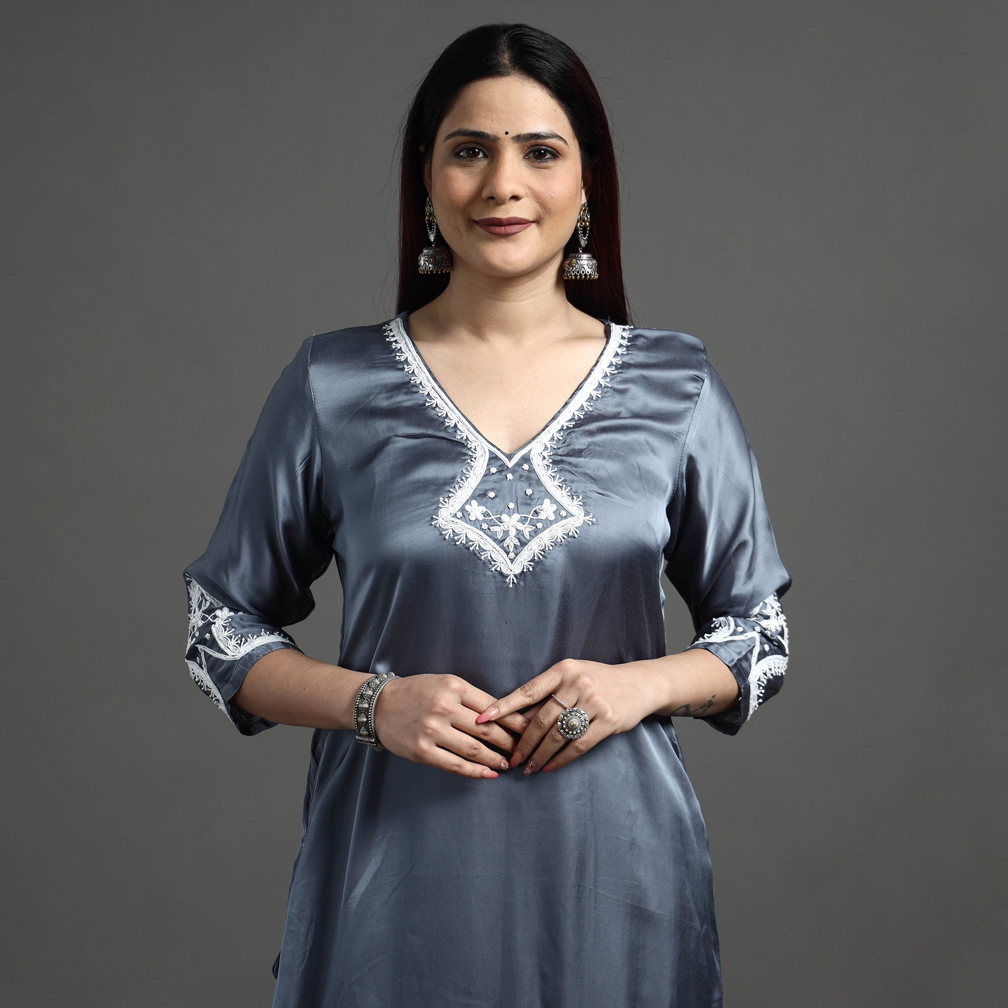 Grey Modal Silk Noori Hand Embroidery Long Straight Kurta