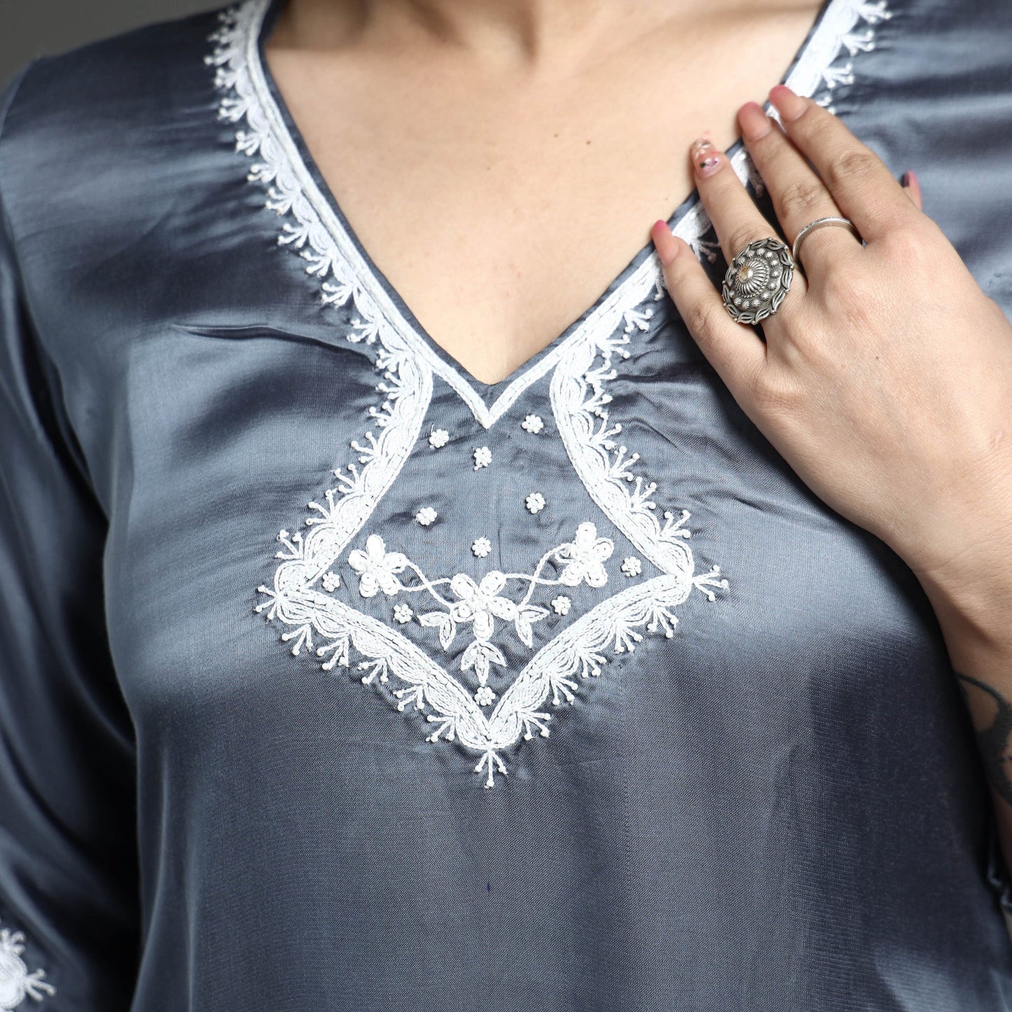 Buy Navy Blue Modal Silk Hand Embroidered Long Kurta l iTokri.com