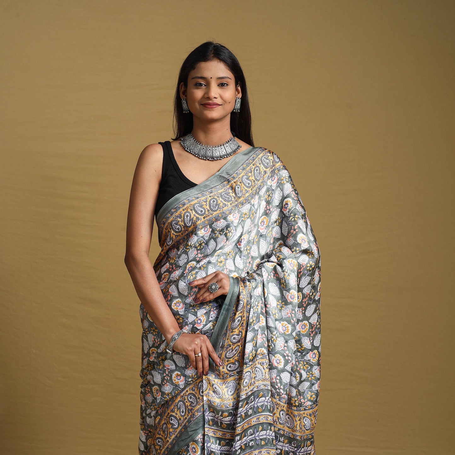 Grey Modal Silk Sanganeri Print Saree