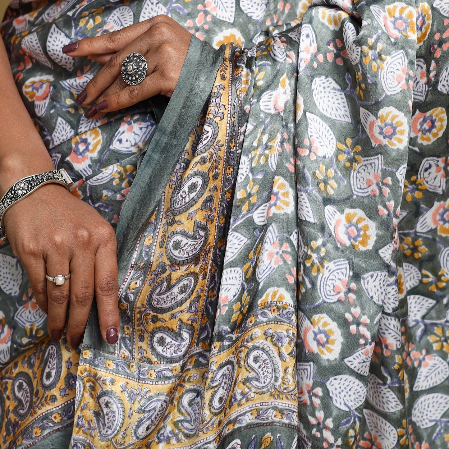 Grey Modal Silk Sanganeri Print Saree