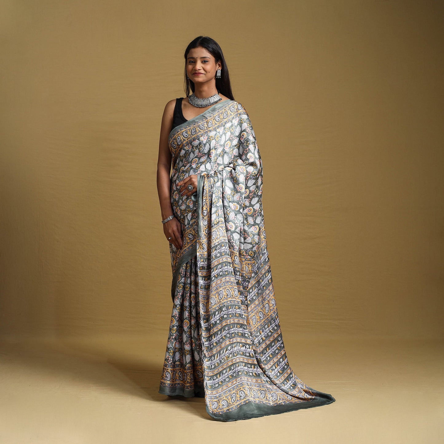Grey Modal Silk Sanganeri Print Saree