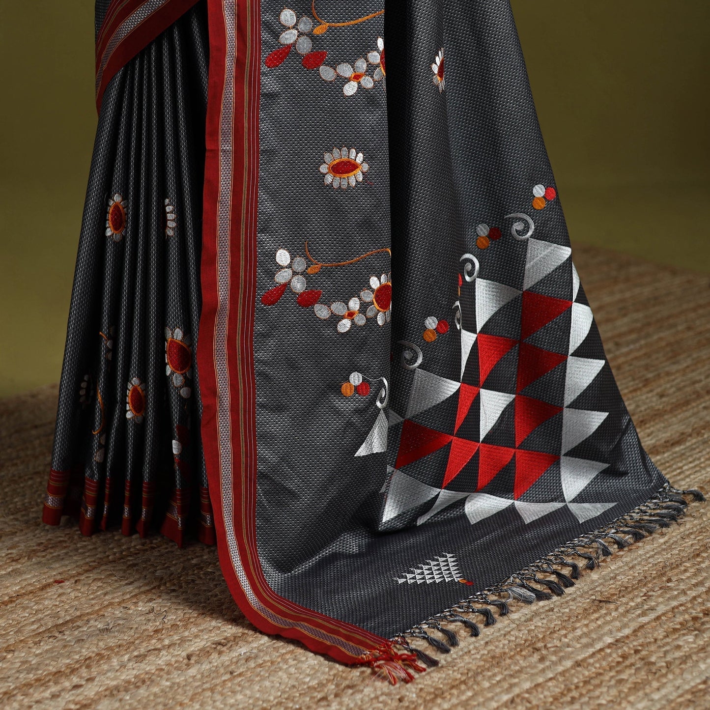 Nath work silk cotton khun saree 01 - handcrafted