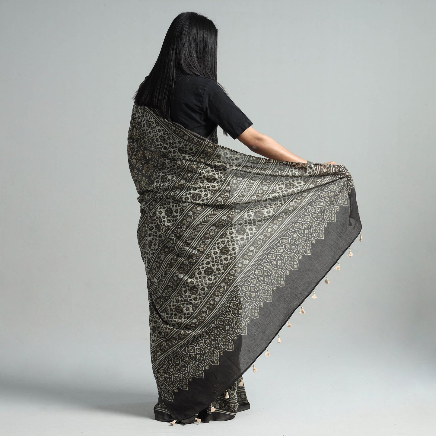 Brown Natural Dyed Block Print Mul Cotton Ajrakh Saree