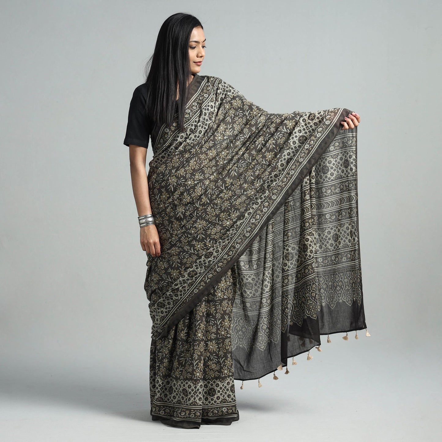 Brown Natural Dyed Block Print Mul Cotton Ajrakh Saree