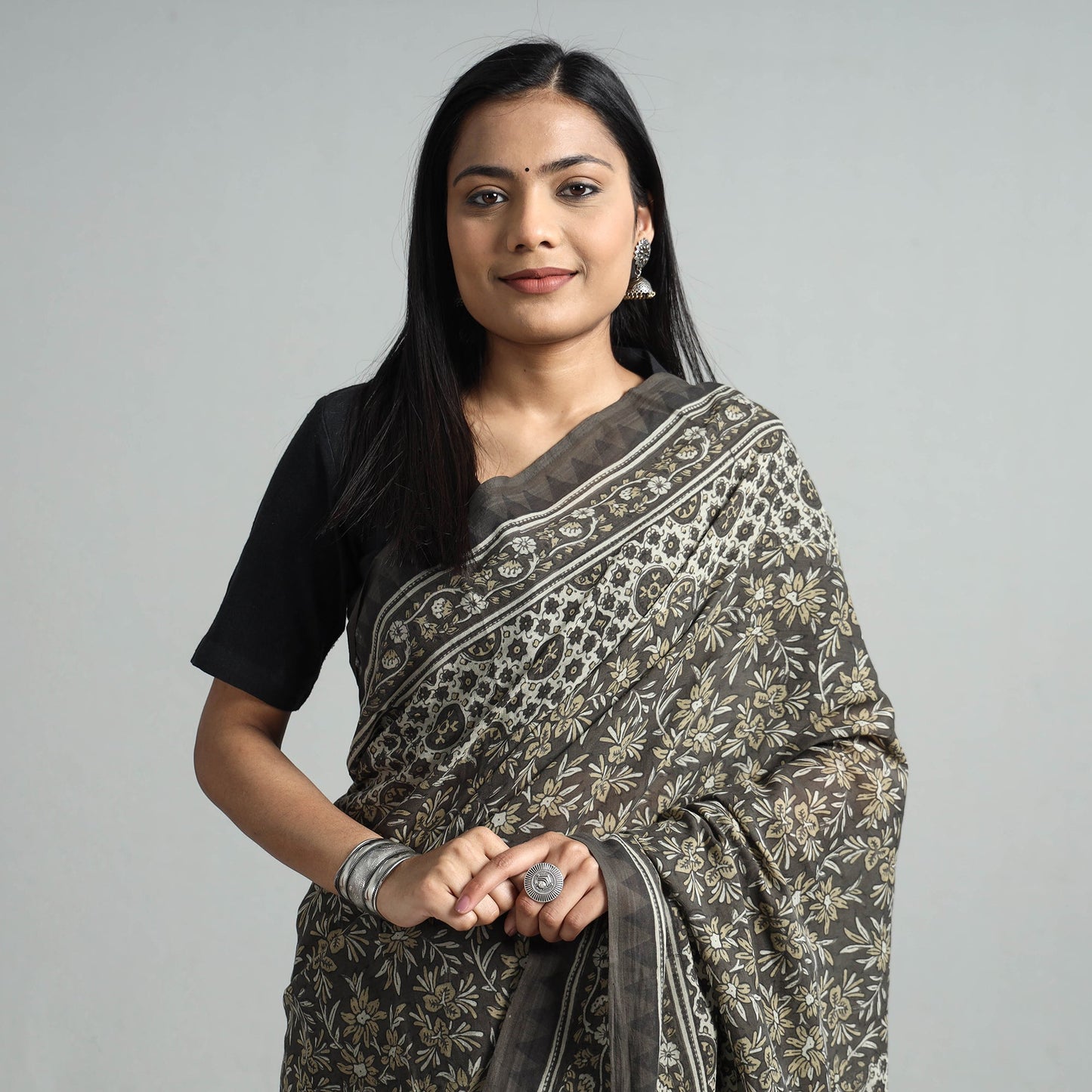 Brown Natural Dyed Block Print Mul Cotton Ajrakh Saree