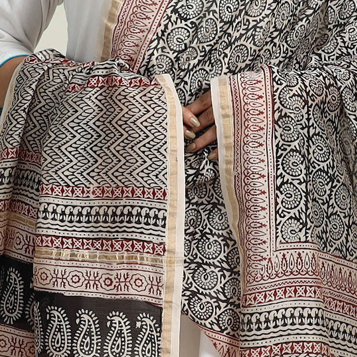 Grey - natural dyed hand chanderi silk bagh dupatta 24