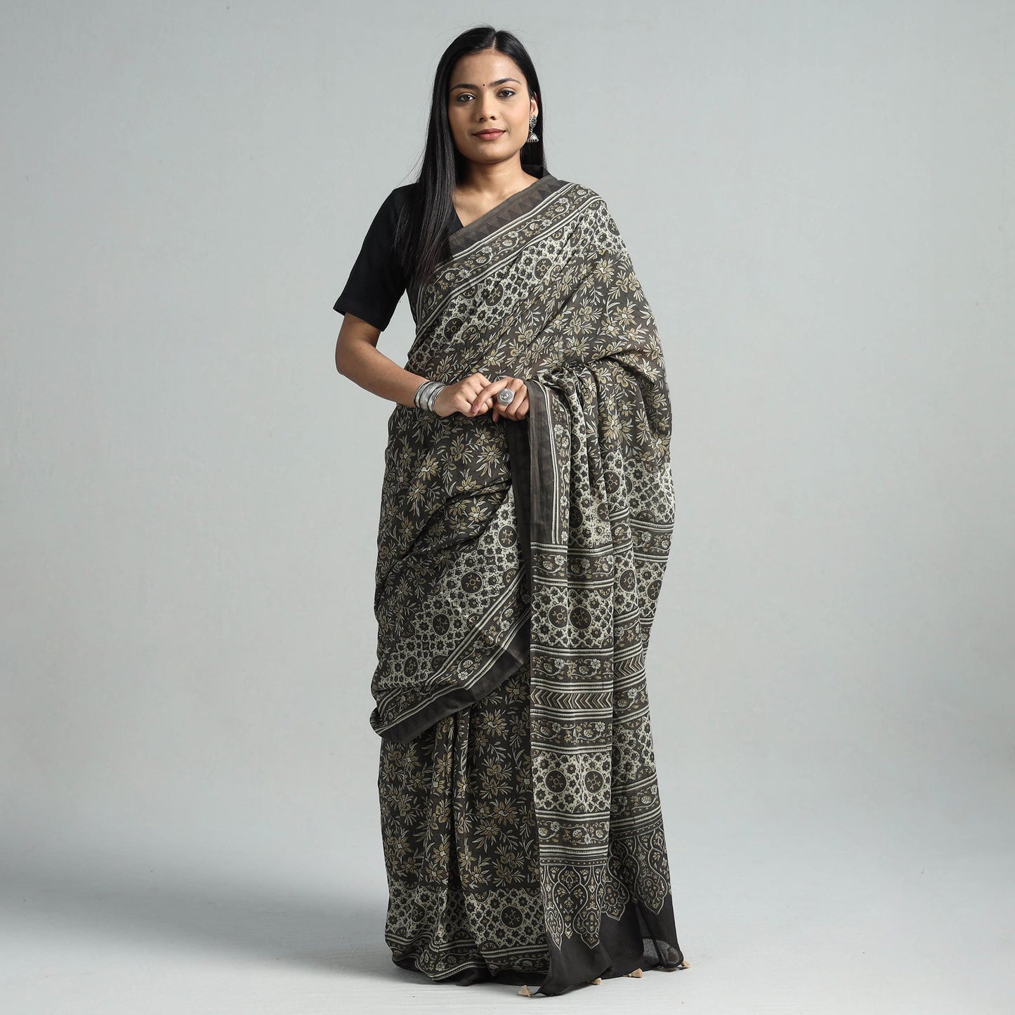 Brown Natural Dyed Block Print Mul Cotton Ajrakh Saree