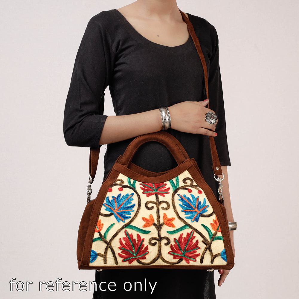 Original Crewel Hand Embroidered Hand Bag with Leather Handle