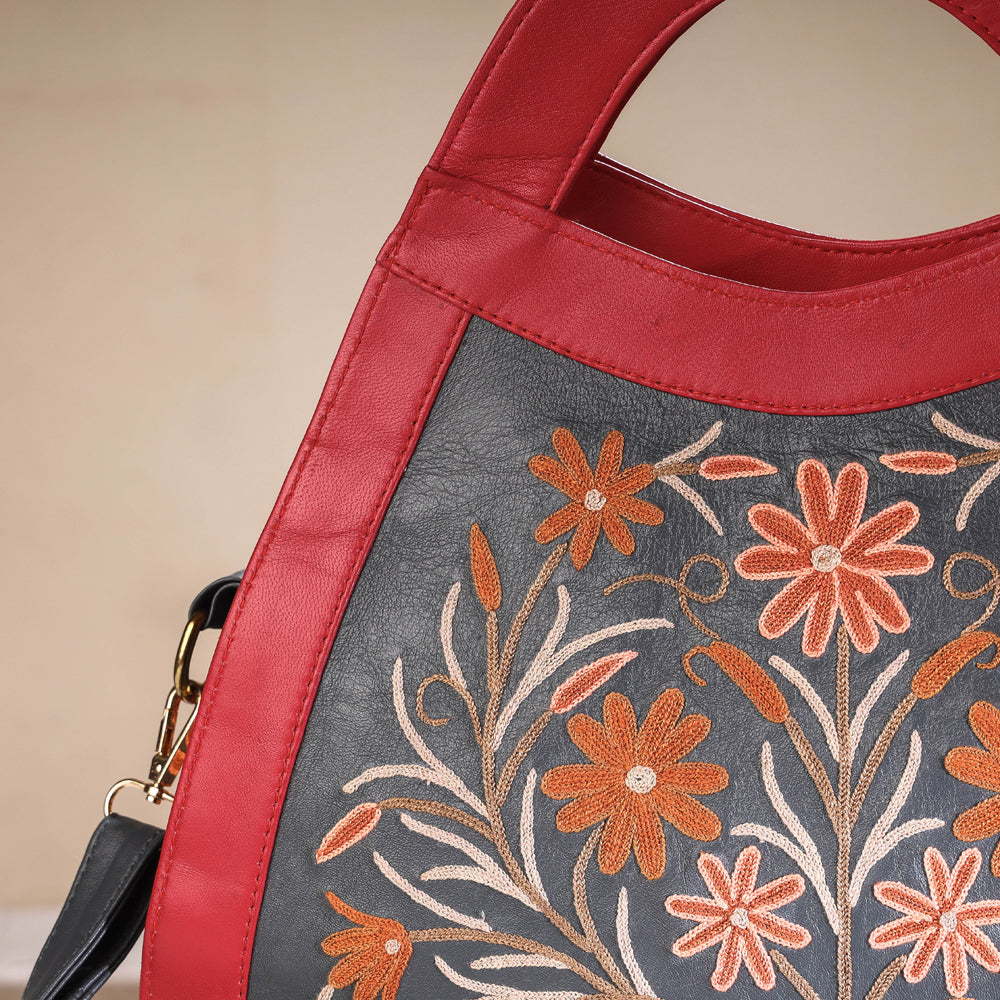 Original Crewel Hand Embroidered Hand Bag with Leather Handle
