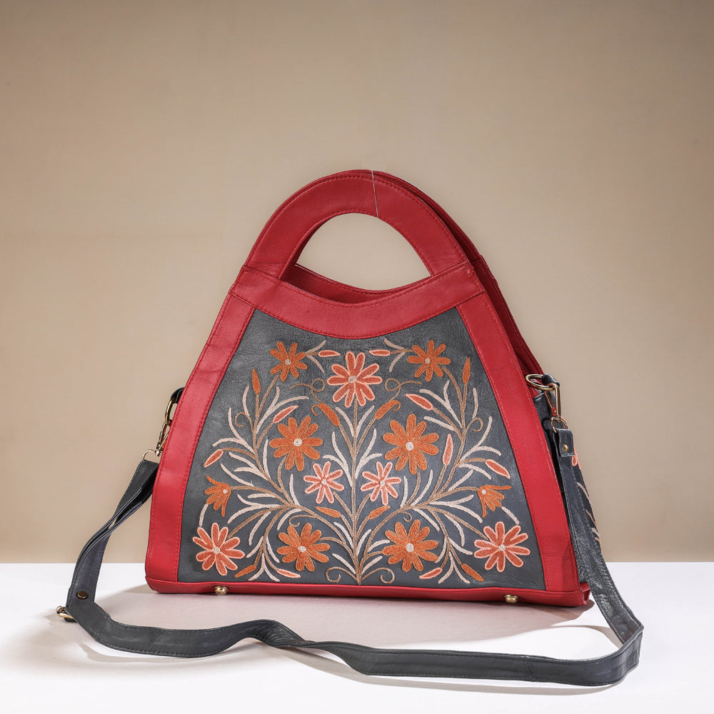 Original Crewel Hand Embroidered Hand Bag with Leather Handle