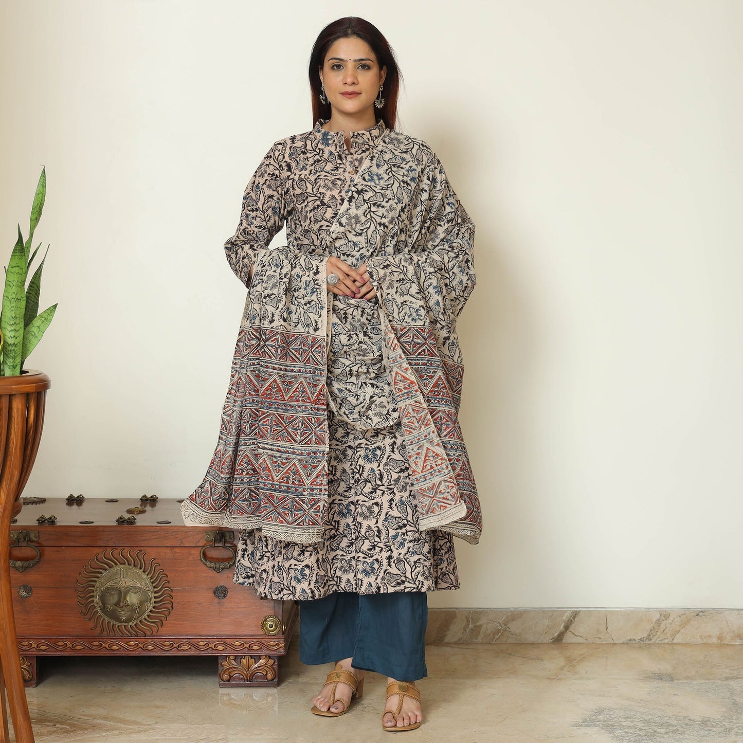 Grey - pedana kalamkari printed cotton kurta with palazzo &