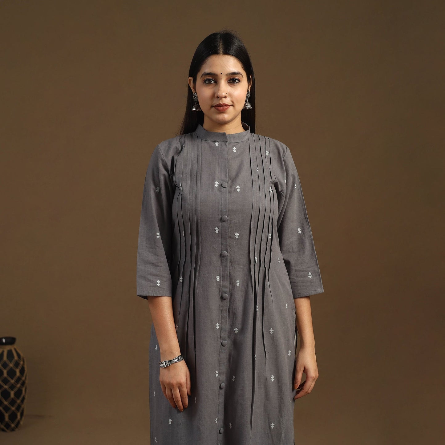 Pintuck Straight Cotton Jacquard Kurta for Women