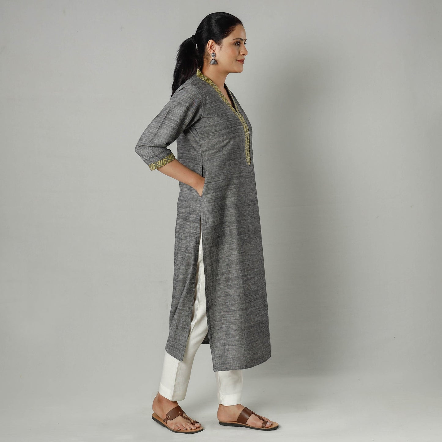 Plain Jhiri Handloom Cotton Long Kurta