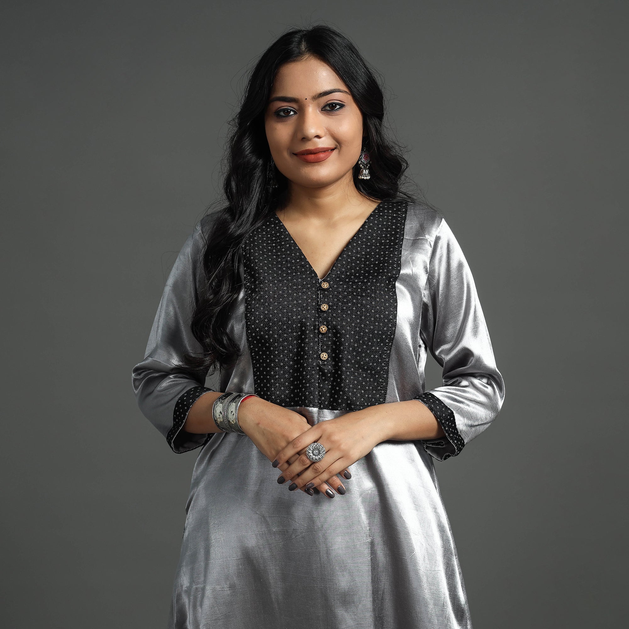 Grey - Plain Mashru Silk with Patchwork Floral A-Line Long Kurta