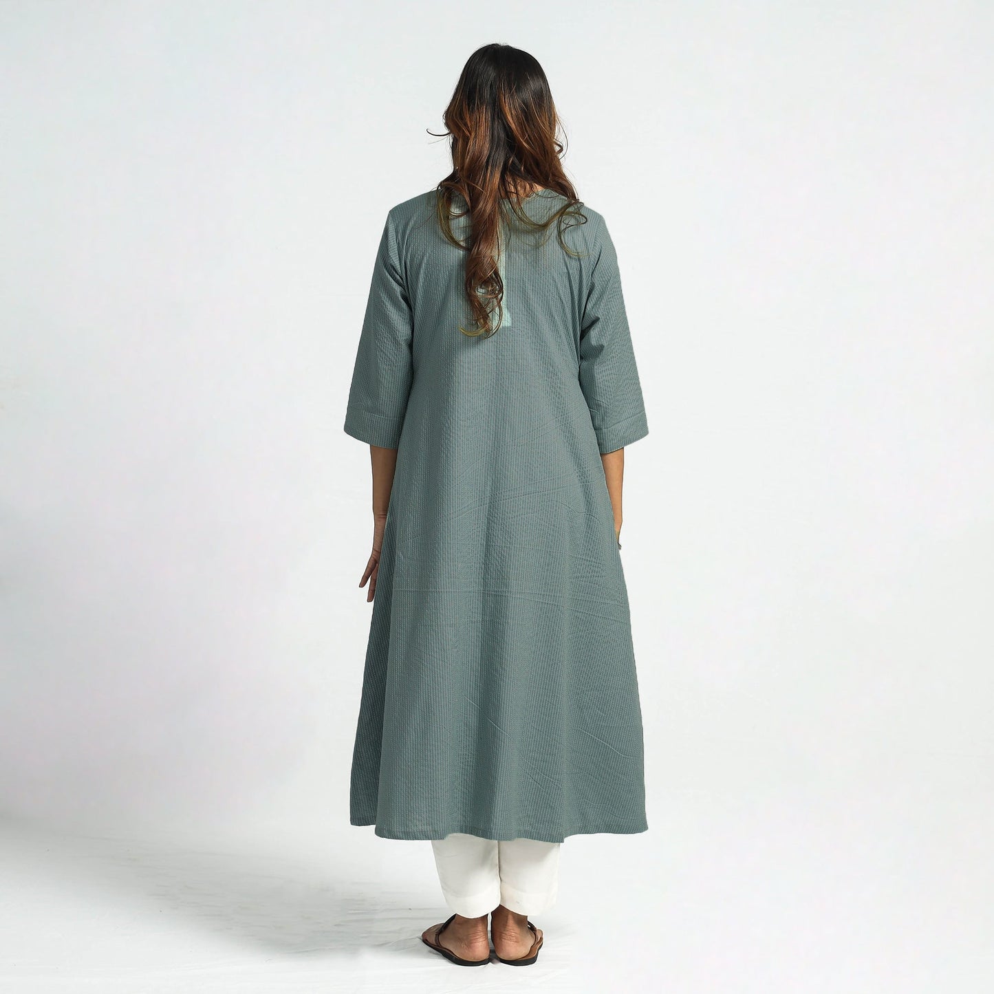 Grey Plain Running Stitch Cotton Pintuck Long Kurta