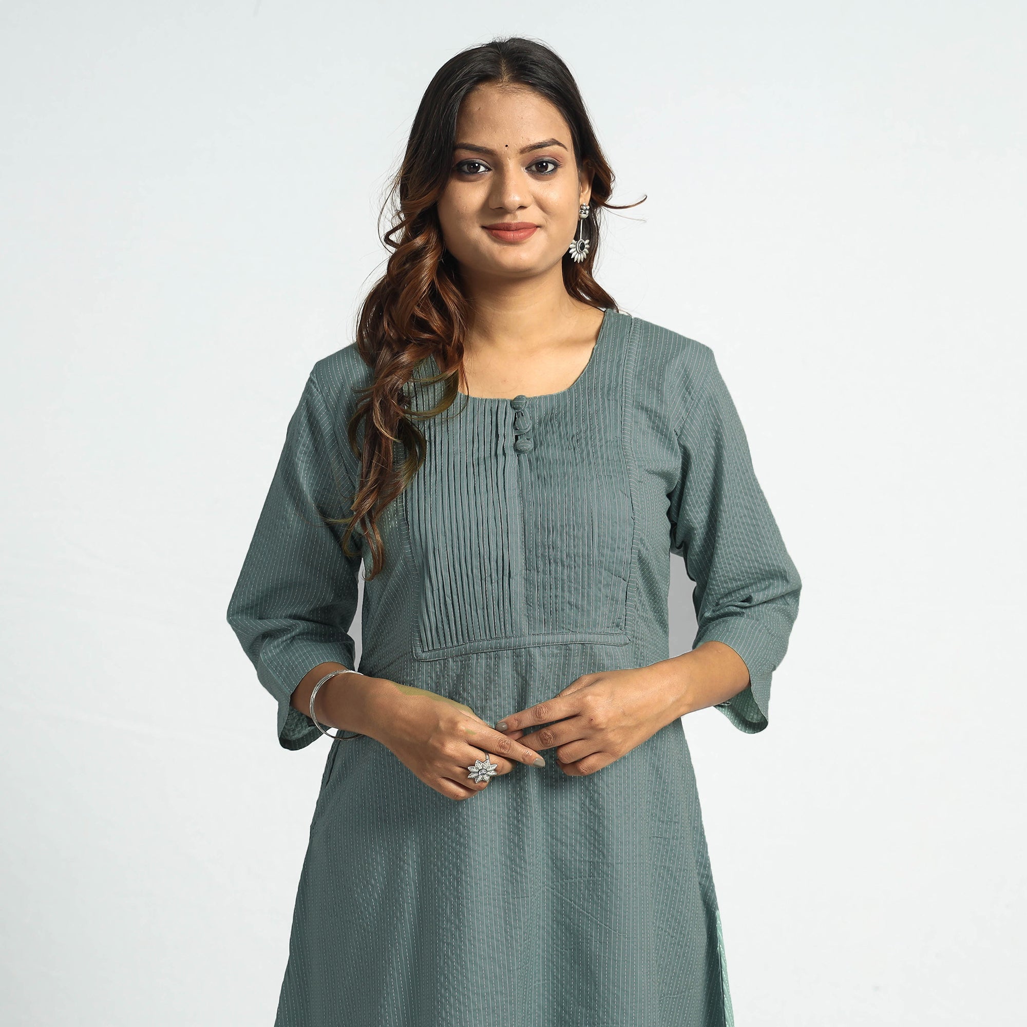 Grey - Plain Running Stitch Cotton Pintuck A-Line Long Kurta