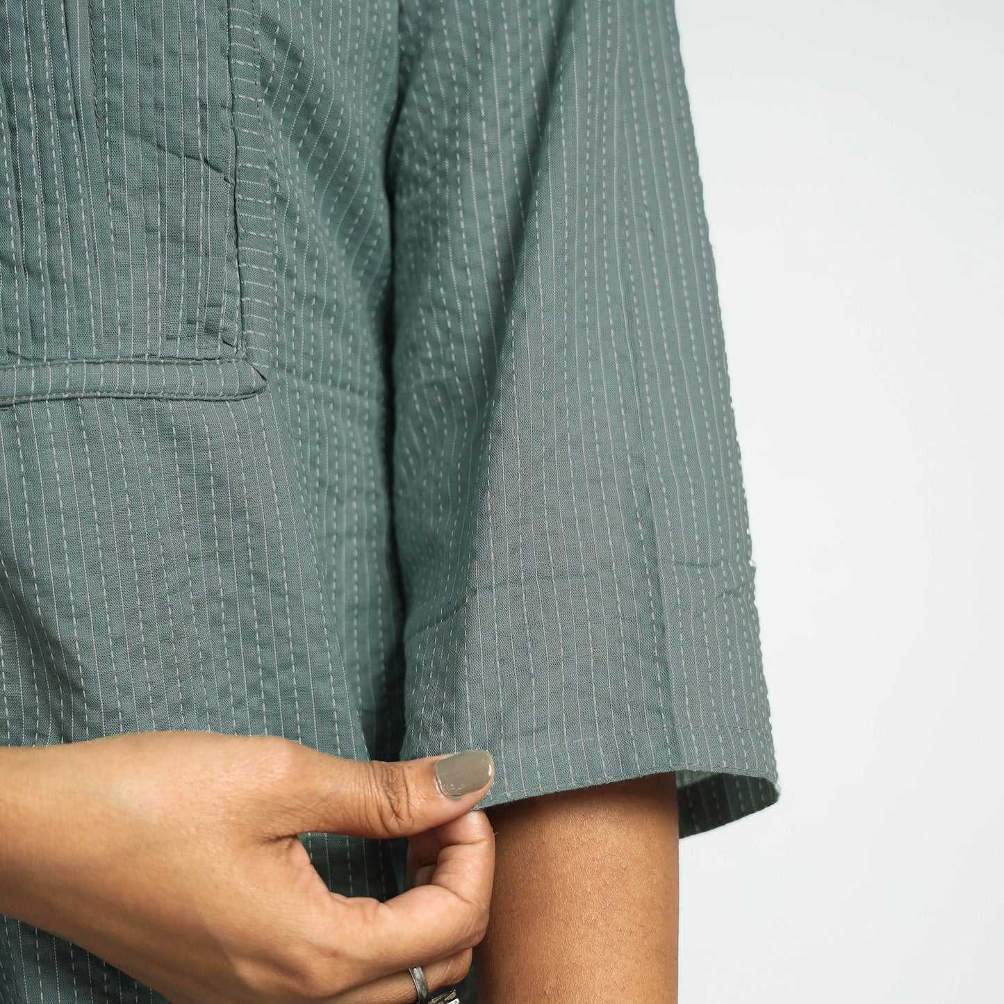 Grey Plain Running Stitch Cotton Pintuck Long Kurta