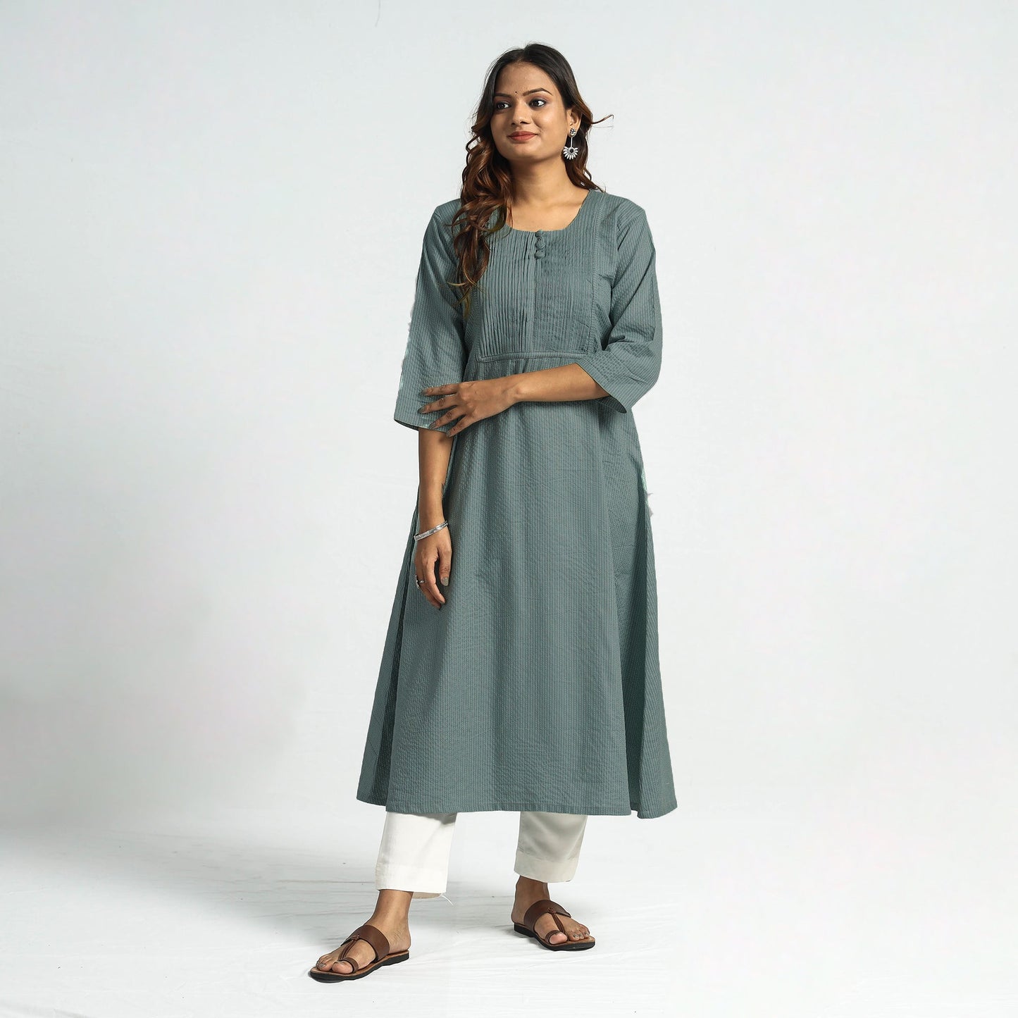 Grey Plain Running Stitch Cotton Pintuck Long Kurta