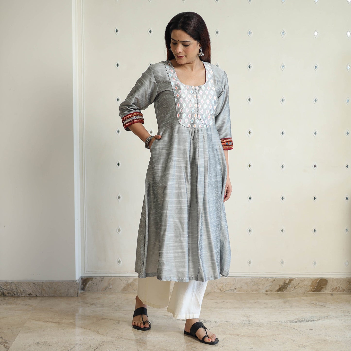 Plain Slub Silk Long A-Line Kurta with Ikat Patchwork 18