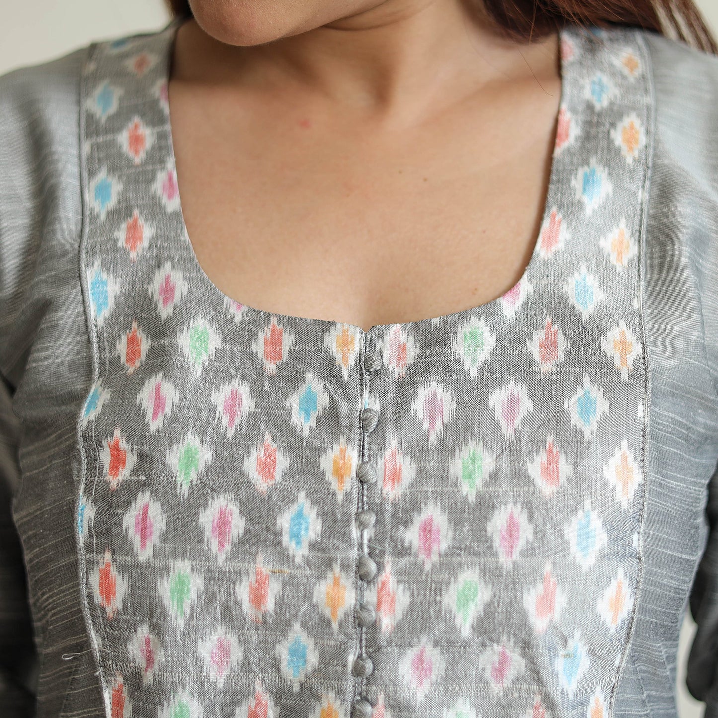 Plain Slub Silk Long A-Line Kurta with Ikat Patchwork 18