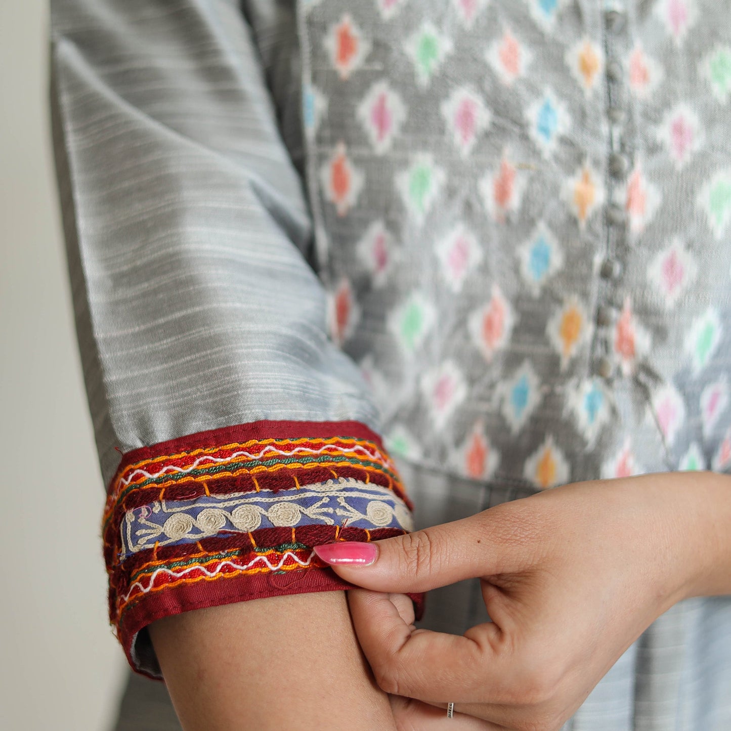 Plain Slub Silk Long A-Line Kurta with Ikat Patchwork 18