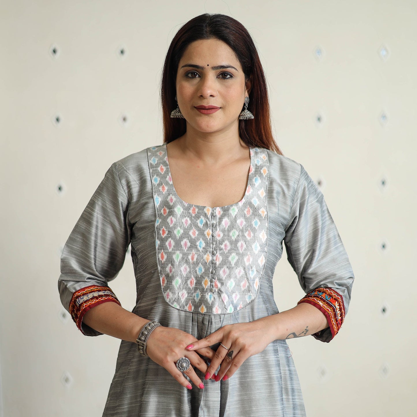 Plain Slub Silk Long A-Line Kurta with Ikat Patchwork 18