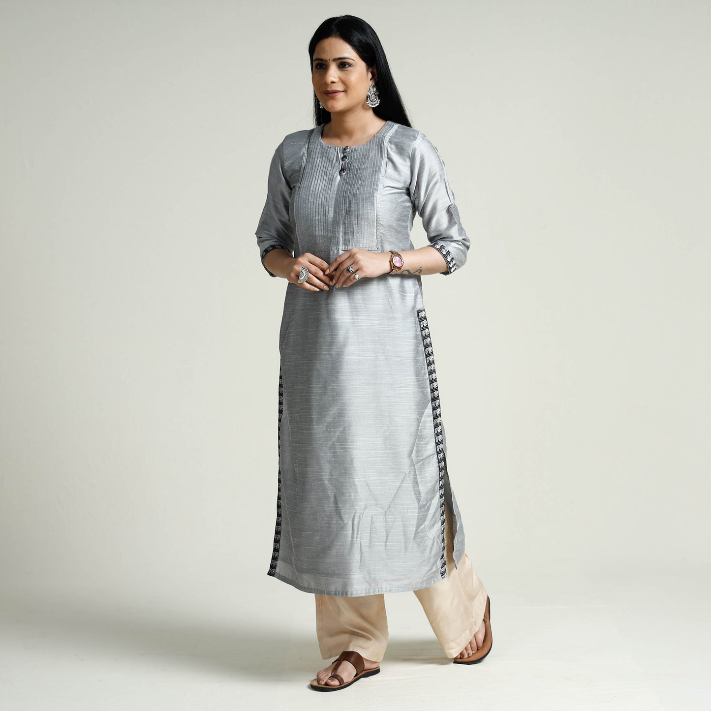 Plain Silk Pintuck Long Kurta for Women
