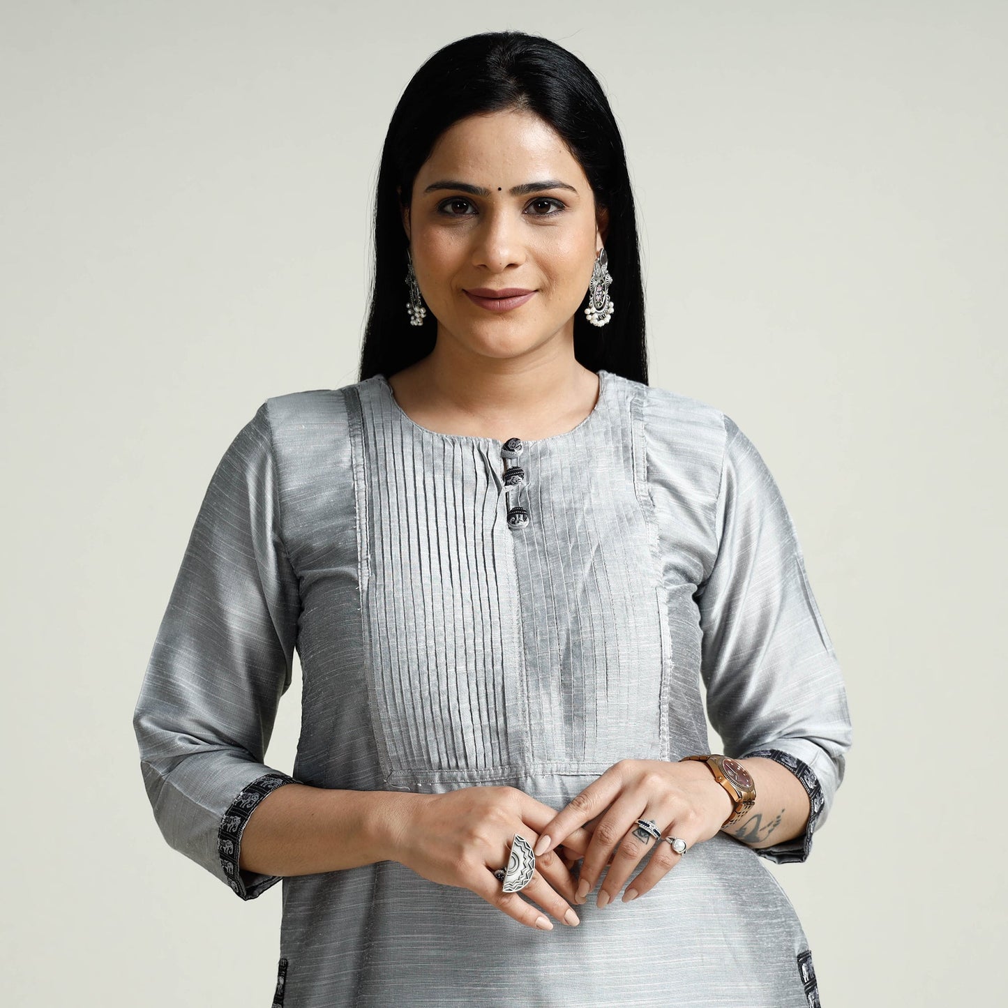 Plain Silk Pintuck Long Kurta for Women