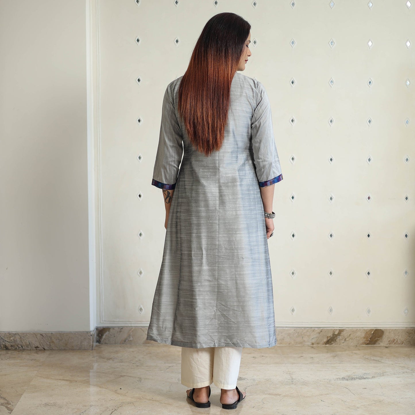 Plain Solid Slub Silk Long A-Line Kurta for Women