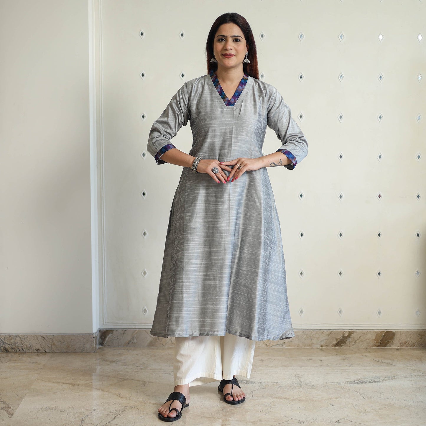 Plain Solid Slub Silk Long A-Line Kurta for Women