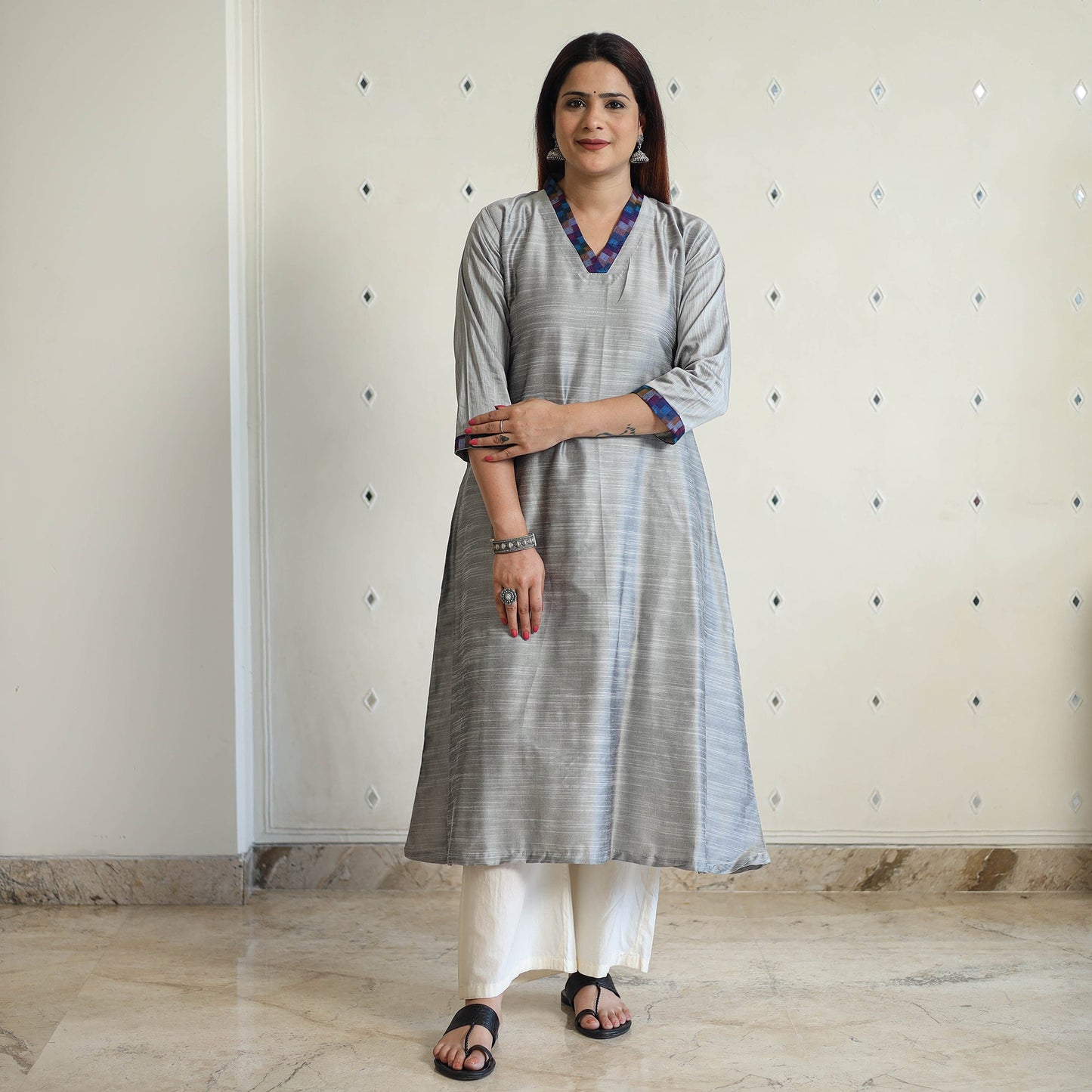 Plain Solid Slub Silk Long A-Line Kurta for Women
